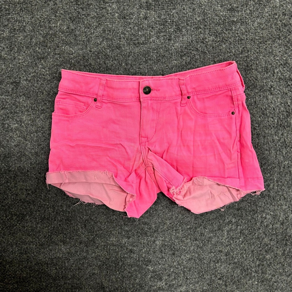 dELiA*s Denim Shorts Womens Size 3/4 Neon Pink Low Rise Taylor Raw Hem Stretchy